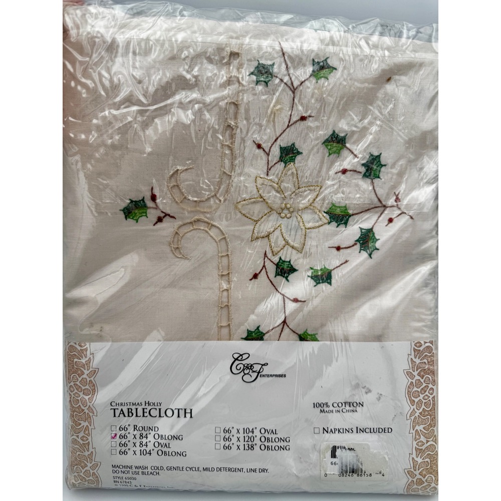 Vtg 1995 Christmas Holly Tablecloth 66x84 Oblong NIP Embroidered Cutwork Ecru - Picture 9 of 11